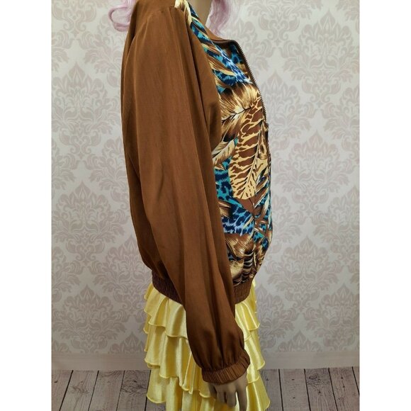 Vintage 80s Womens Bomber Jacket Blue Leopard Print Brown Palm Leaves Size S M - Picture 7 of 11